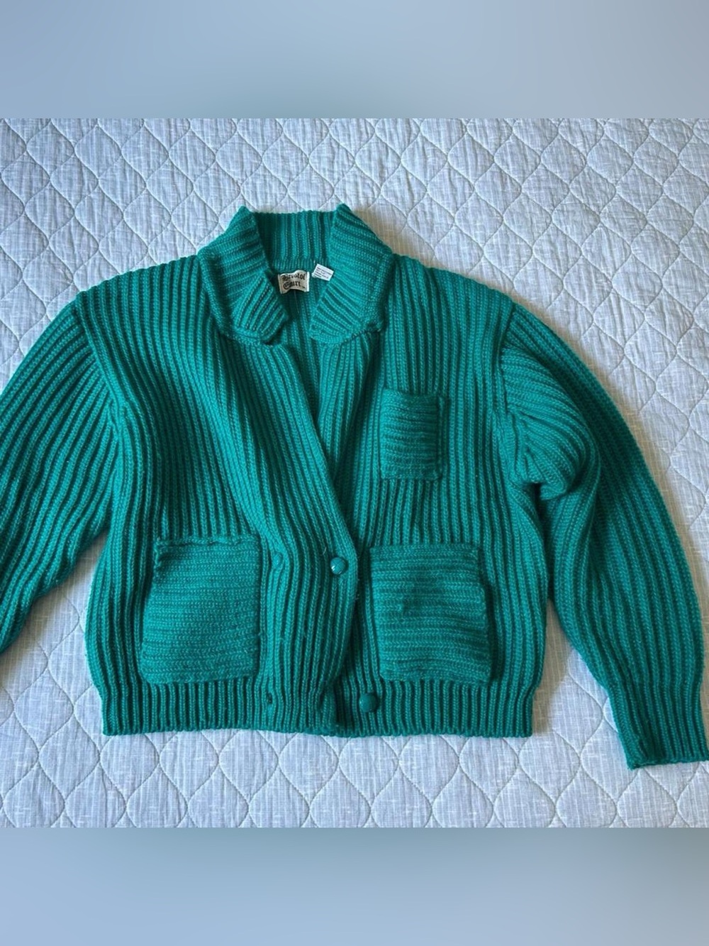 Ribbed Shawl-Collar Cardigan in Teal Green